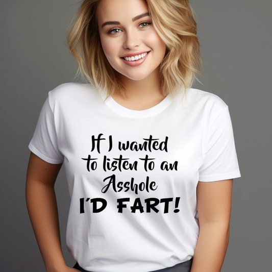 Woman wearing a white sarcastic quote shirt with bold black text humorously stating a playful message