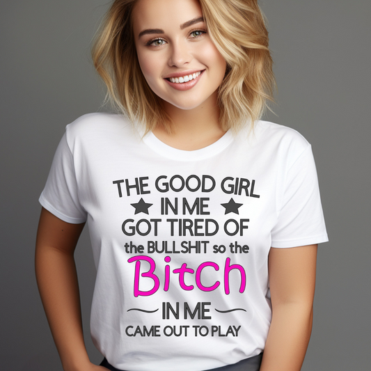 Woman wearing customizable creations sassy graphic t-shirt with bold black and pink text on white
