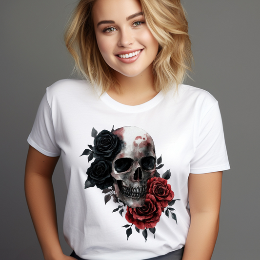 Woman wearing a white skull t-shirt with roses featuring black and red floral design