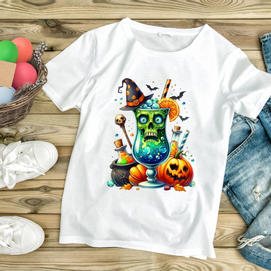 White spooky drink graphic tee featuring a green skull drink with Halloween elements and a witch hat
