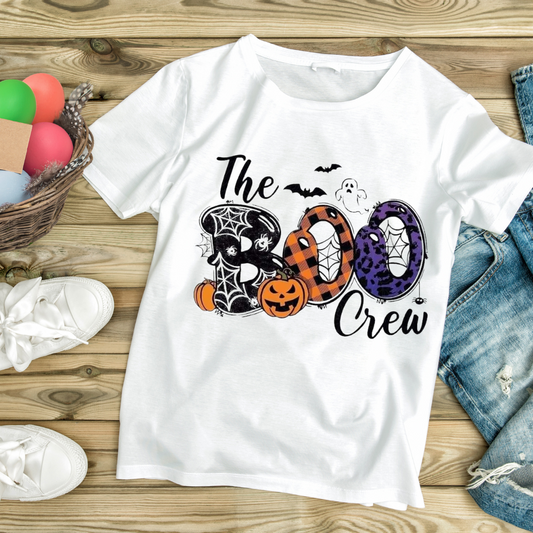 White Halloween The Boo Crew t-shirt with spooky pumpkin and bat design by customizable creations