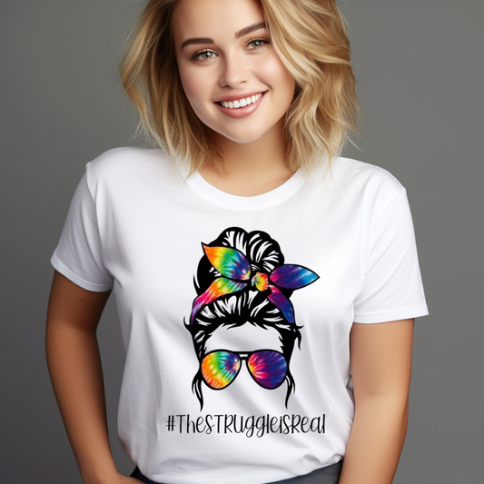 Woman wearing a customizable creations white tie-dye sunglasses design shirt with colorful bow and sunglasses