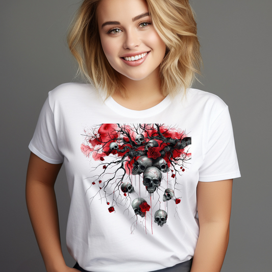 Woman wearing white tree skulls red roses t-shirt with artistic skull and red rose design