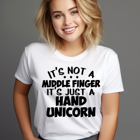 Smiling woman wearing a white unicorn hand graphic tee with bold black text design