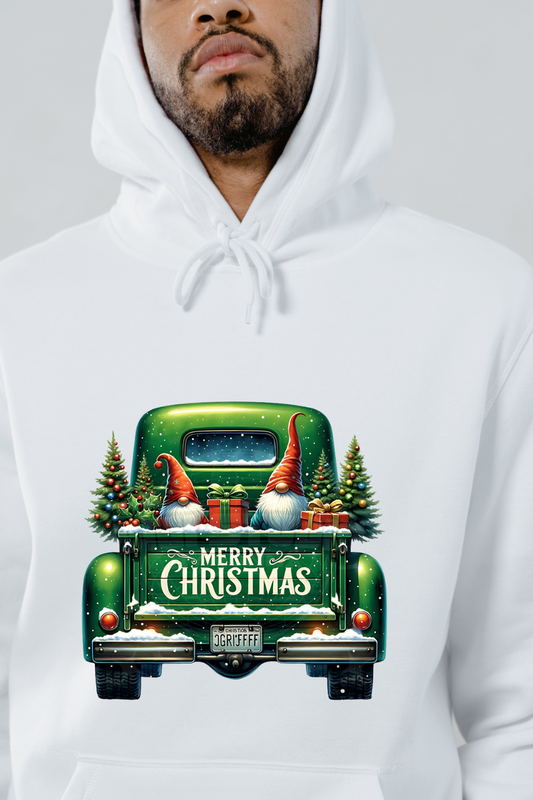 White hoodie from customizable creations featuring unique holiday hoodies design with vintage truck and Merry Christmas print
