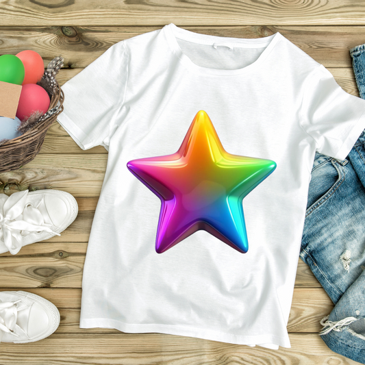 White t-shirt with unique rainbow star art printed on front by customizable creations