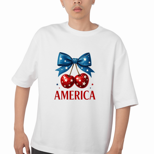 White USA cherry graphic tee with red cherries and blue star bow worn by model