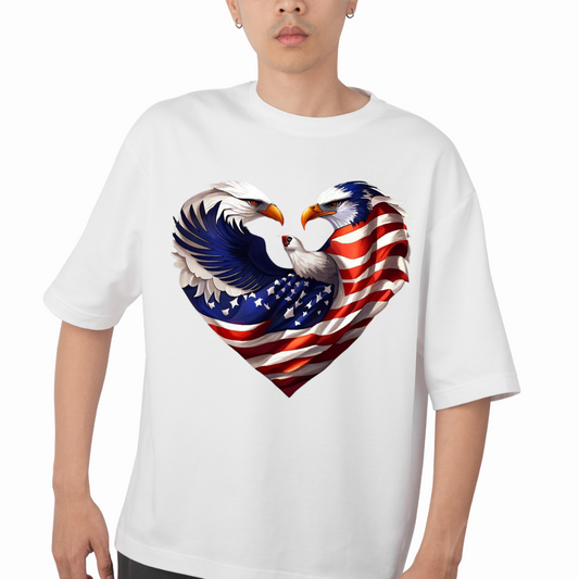 White USA eagle flag t-shirt featuring two eagles with American flag pattern forming a heart shape