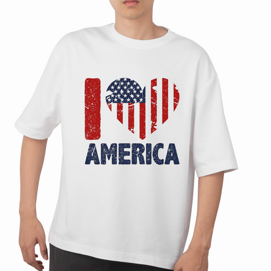 White USA flag graphic tee with distressed I love America design worn by male model