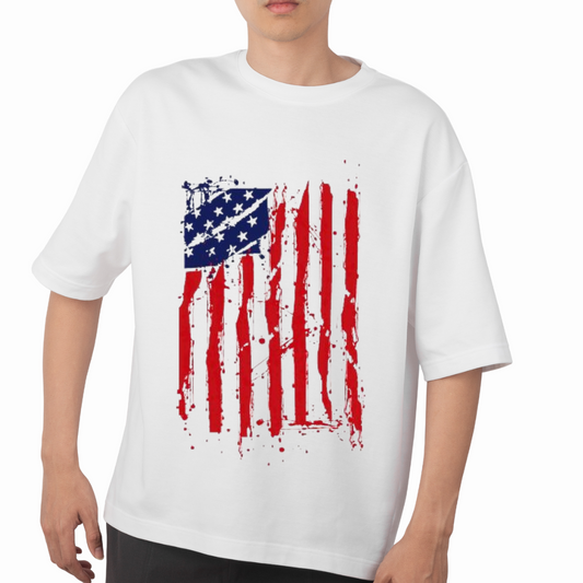 White t-shirt featuring a distressed USA flag graphic tee design for patriotic style