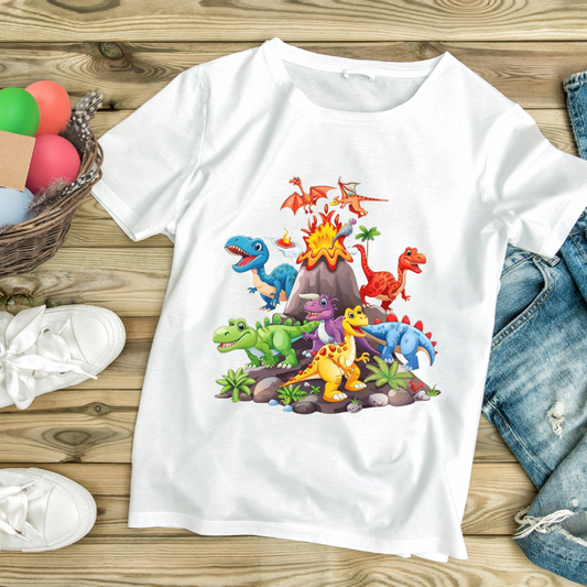 White volcano adventure t-shirt with colorful cartoon dinosaurs and erupting volcano design