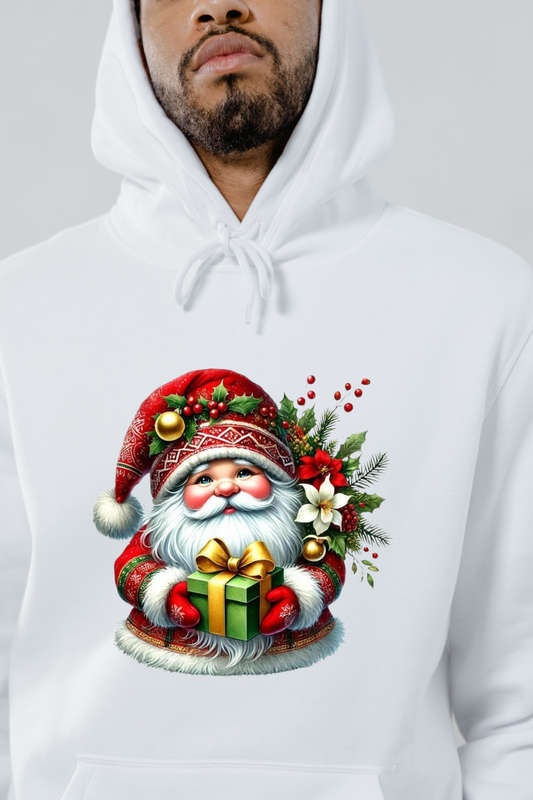 White hoodie featuring a colorful 3D Santa hoodie design holding a gift with holiday decorations