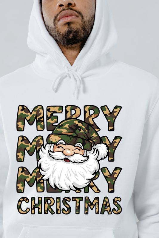Customizable Creations army Christmas hoodie with camo Santa and Merry Christmas text on white fabric