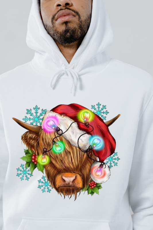 White Christmas cow hoodie featuring a cow with a Santa hat and colorful Christmas lights