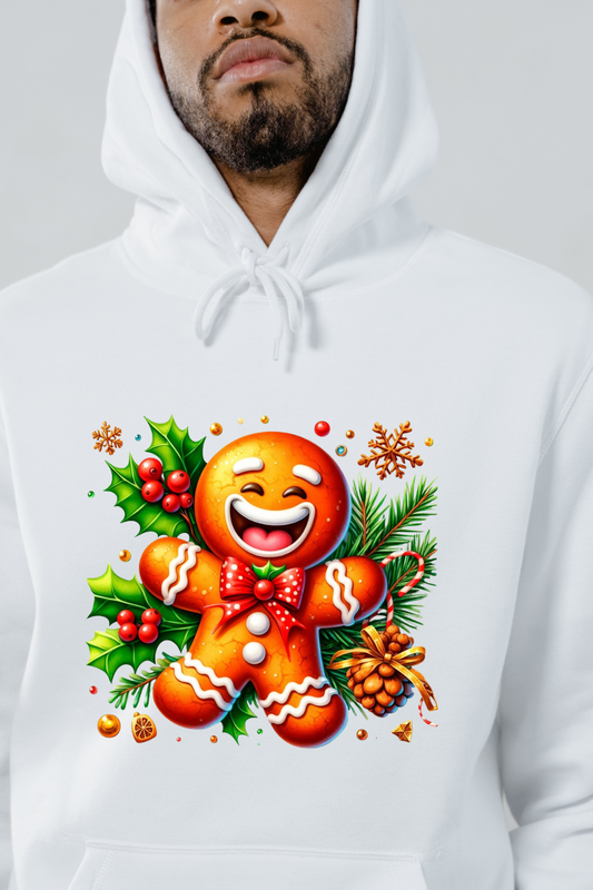 White Christmas gingerbread hoodie with a colorful smiling gingerbread man and holiday foliage design