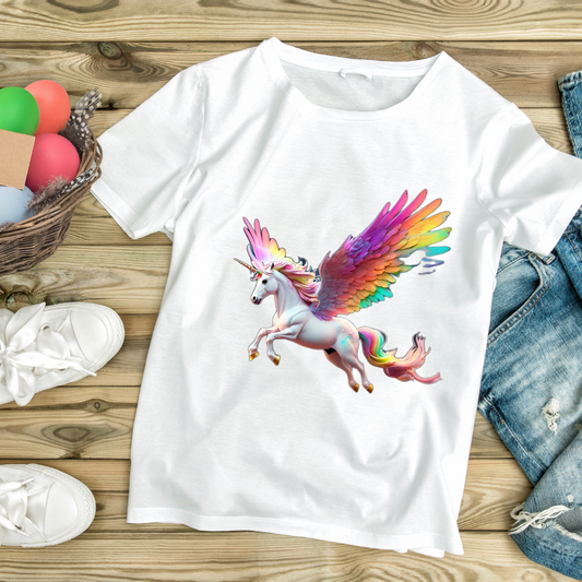 White customizable creations rainbow flying unicorn shirt with colorful wings laid on wooden surface
