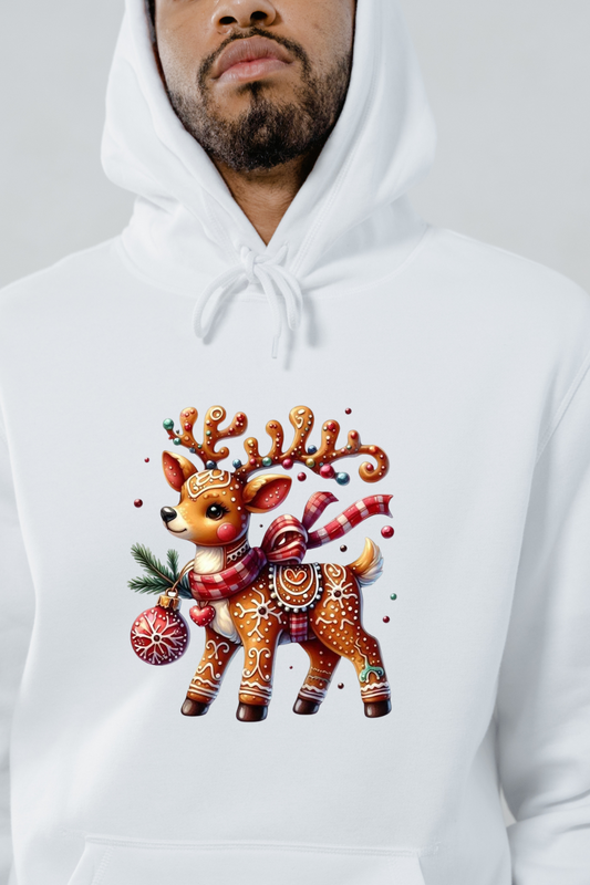 White custom Christmas deer hoodie featuring a detailed gingerbread reindeer with holiday decorations