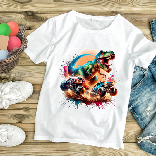 White dinosaur monster truck tee featuring a colorful roaring T-Rex and two monster trucks on a wooden background