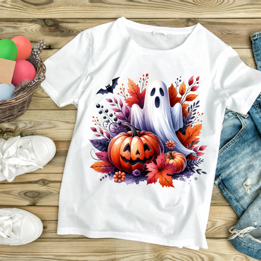 White fall Halloween t-shirt with ghost, jack-o-lanterns, autumn leaves, and bat design