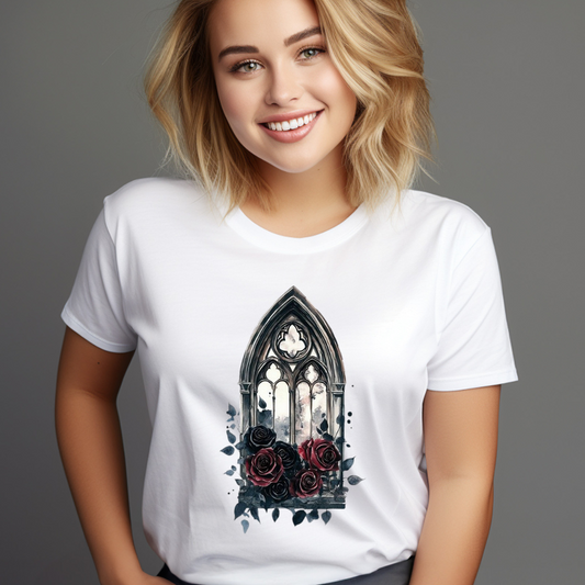 Smiling woman wearing a white gothic window t-shirt with black and red rose design