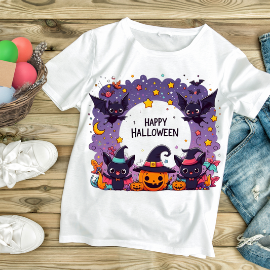 White Halloween graphic tees with cute black cats, bats, and pumpkin design from Customizable Creations