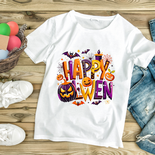 White t-shirt from customizable creations featuring colorful Happy Halloween design for spooky Halloween apparel