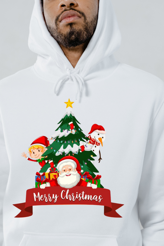 White holiday graphic sweatshirt with Christmas tree, Santa, elf, snowman, and Merry Christmas banner