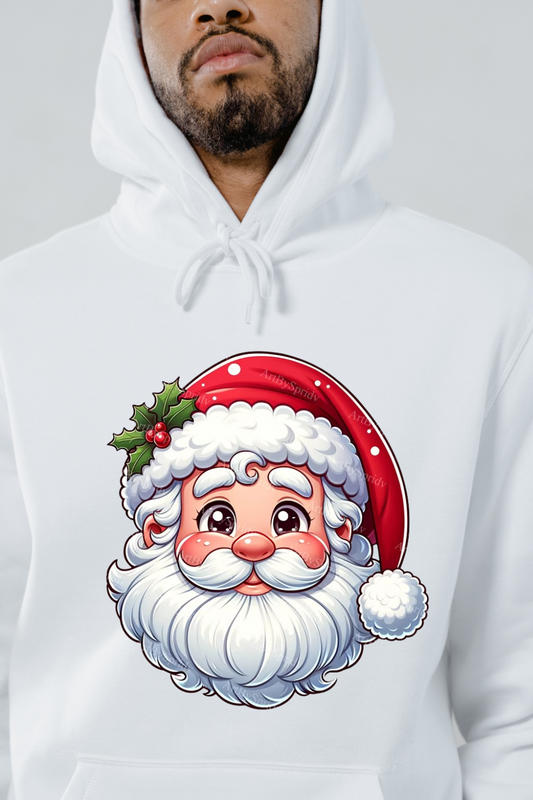 White holiday themed hoodies featuring a cute Santa Claus face with a red hat and holly decoration