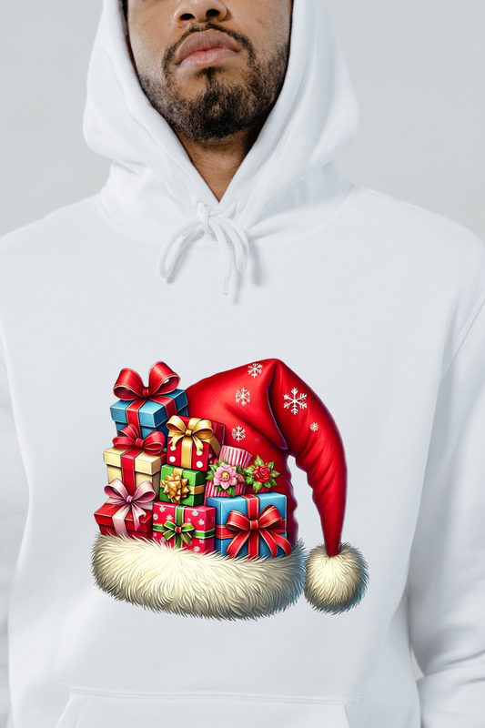 White hoodie with a colorful Christmas Santa hat piled with wrapped gift boxes graphic