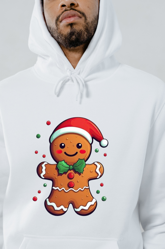 White hoodie featuring a festive gingerbread man design with a Santa hat and holly bow tie