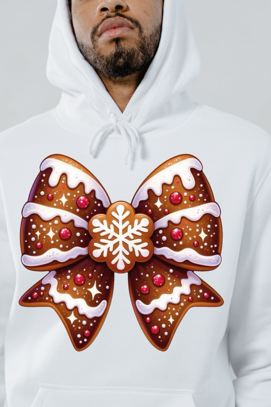White hoodie with large gingerbread bow hoodie design featuring icing and a snowflake center