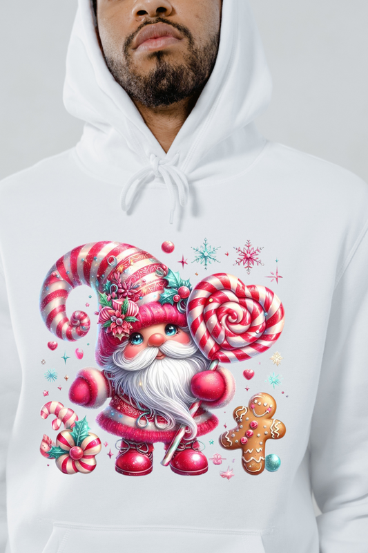 White hoodie featuring a colorful Christmas gnome holding candy canes and a gingerbread man design