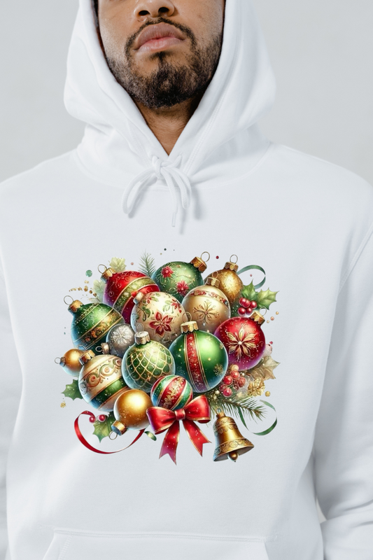 White hoodie with colorful Christmas ornaments and holiday decorations print by customizable creations