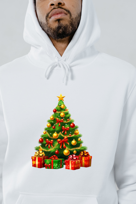 White hoodie featuring a unique Christmas sweater design with decorated Christmas tree and gifts