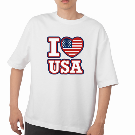 White I love USA t-shirt with American flag heart design worn by male model