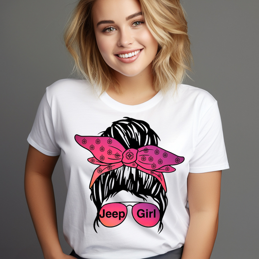 White messy bun jeep girl shirt with pink bandana and sunglasses graphic worn by smiling woman