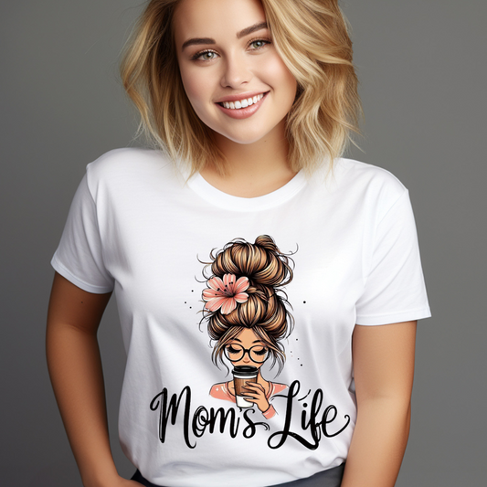 White messy bun mom shirt with graphic of woman holding coffee and text Moms Life