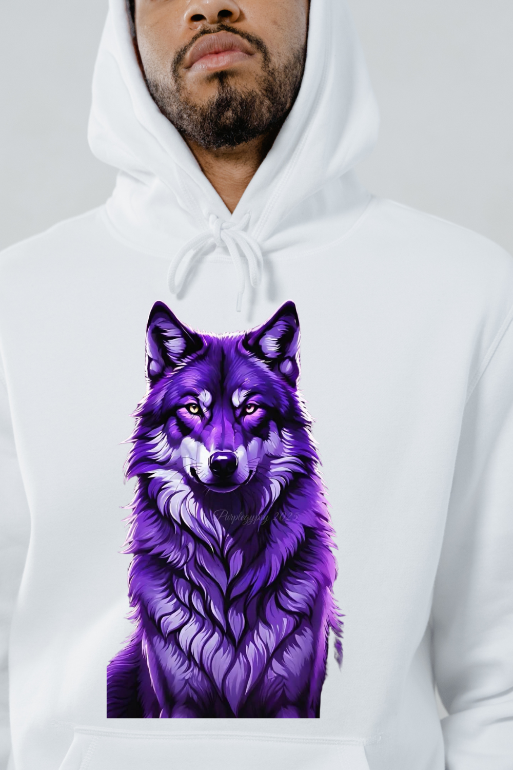 White hoodie featuring a detailed purple wolf hoodie graphic on the front by customizable creations