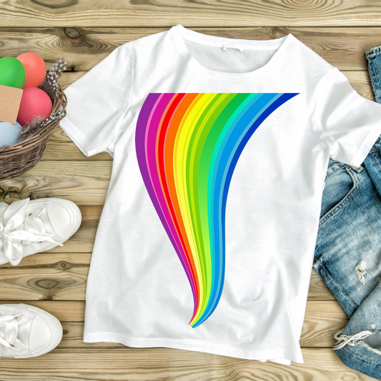 White customizable creations rainbow graphic shirt with vibrant curved rainbow design on front