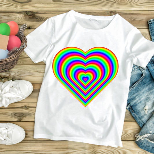 White customizable creations rainbow heart t-shirt with vibrant multi-colored concentric heart design