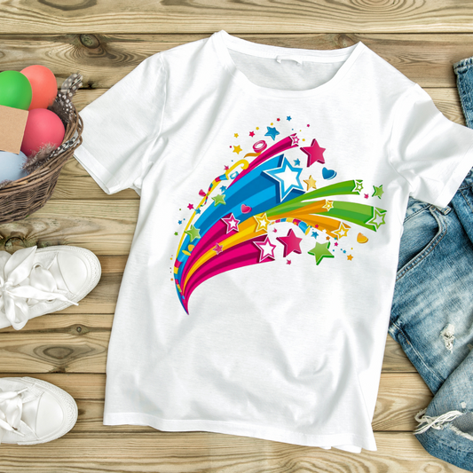 White rainbow star t-shirt with colorful shooting stars graphic laid on wooden surface with shoes and jeans