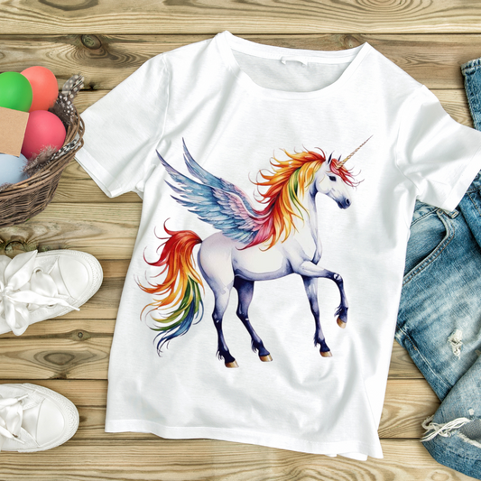 White rainbow unicorn t-shirt with colorful winged unicorn design laid on wooden surface with denim shorts