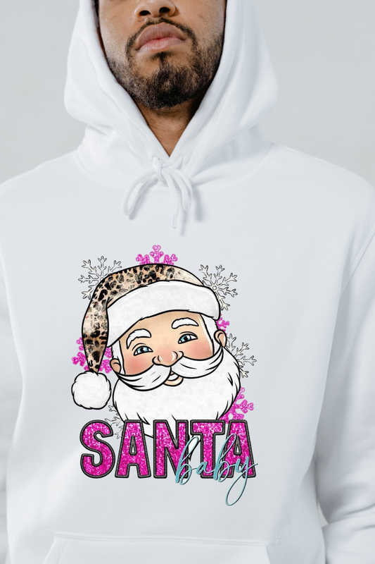 White Santa Baby hoodie featuring a festive Santa Claus with leopard print hat and pink snowflakes