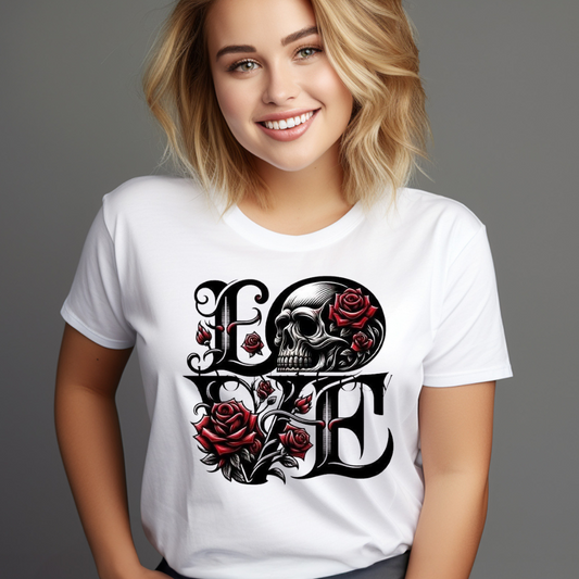 Woman wearing a white skull and roses love shirt with black and red graphic design