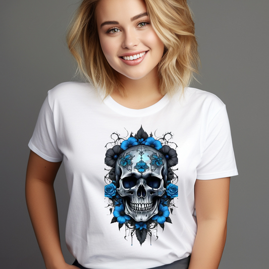 White skull and roses t-shirt with blue floral skull design worn by smiling woman