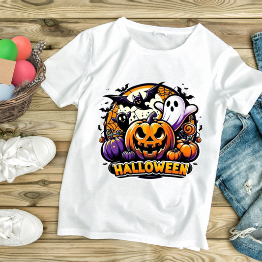 White T-shirt featuring unique Halloween shirt designs with pumpkins, ghosts, and bats from customizable creations