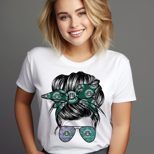 White t-shirt with graphic of a bandana for messy bun and sunglasses featuring a coffee logo design