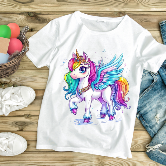 White T-shirt with colorful winged unicorn graphic and rainbow mane from Customizable Creations