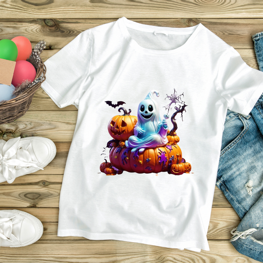 White t-shirt featuring a unique pumpkin ghost design with a smiling ghost sitting on pumpkins