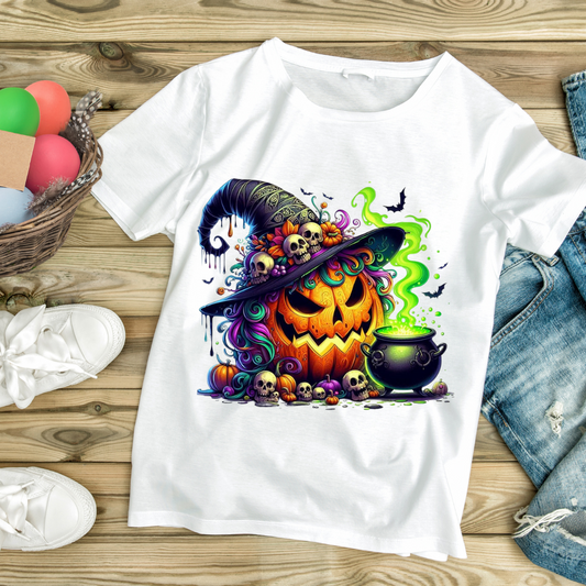 White customizable creations witchy pumpkin graphic tee with colorful witch hat, skulls, and bubbling cauldron design